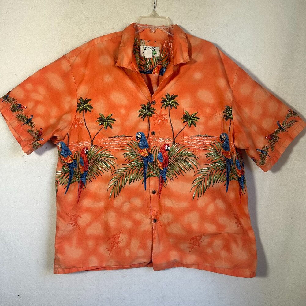 KY'S Mens Hawaiian Shirt 3XL Orange‎ Parrot Palm Tree Vacation Aloha Button Up
